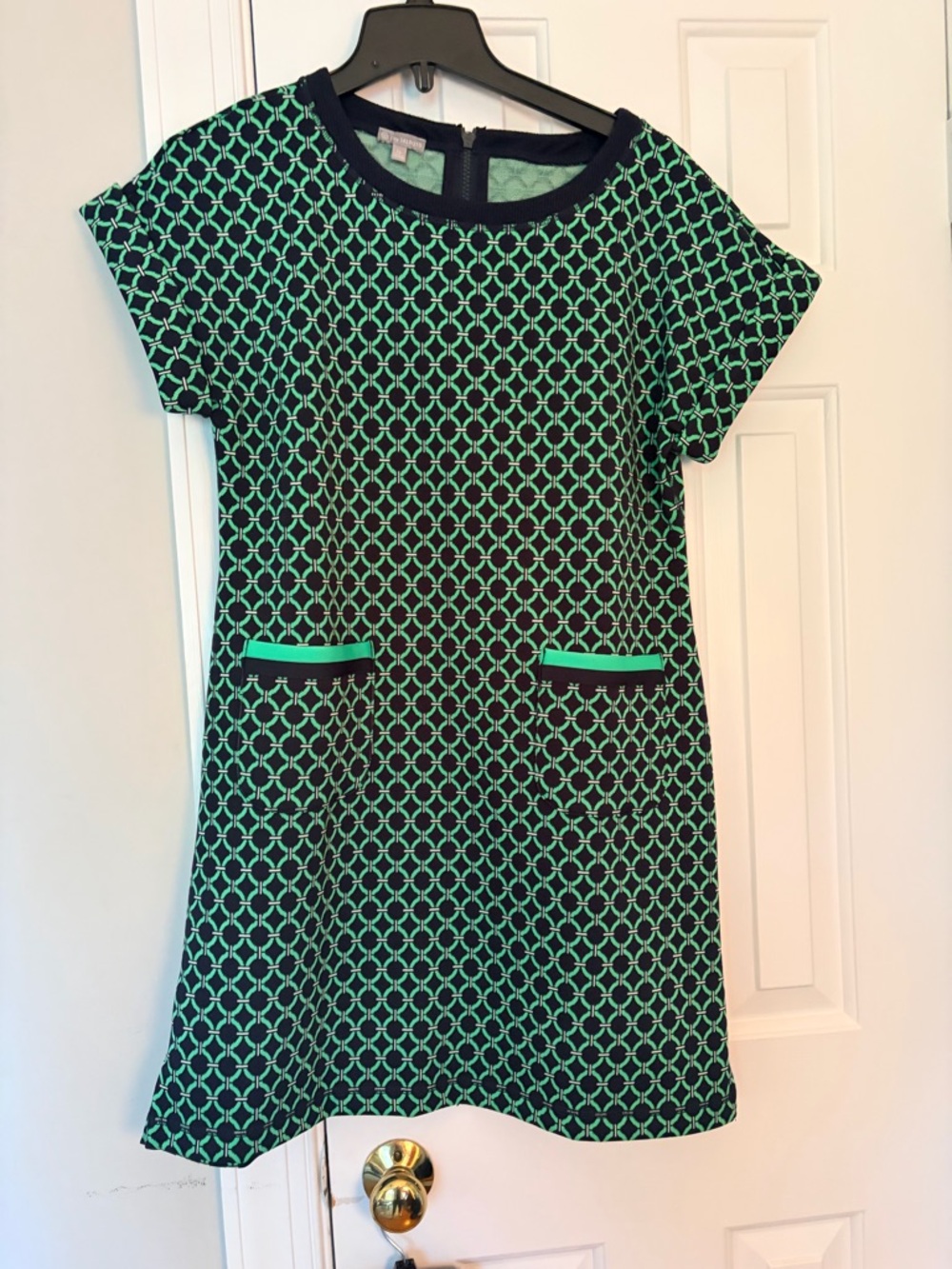 Ladies' Short-Sleeve Geometric Shift Dress in Teal and Navy